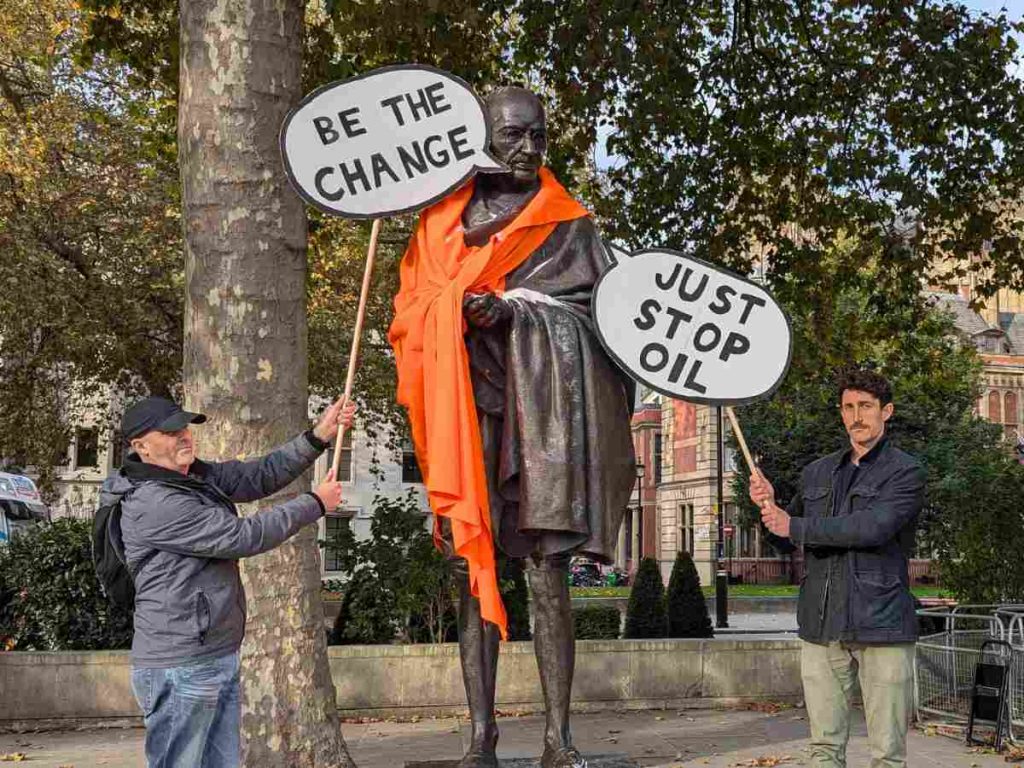 Read more about the article Just Stop Oil targets Gandhi in latest statue to be used as protest