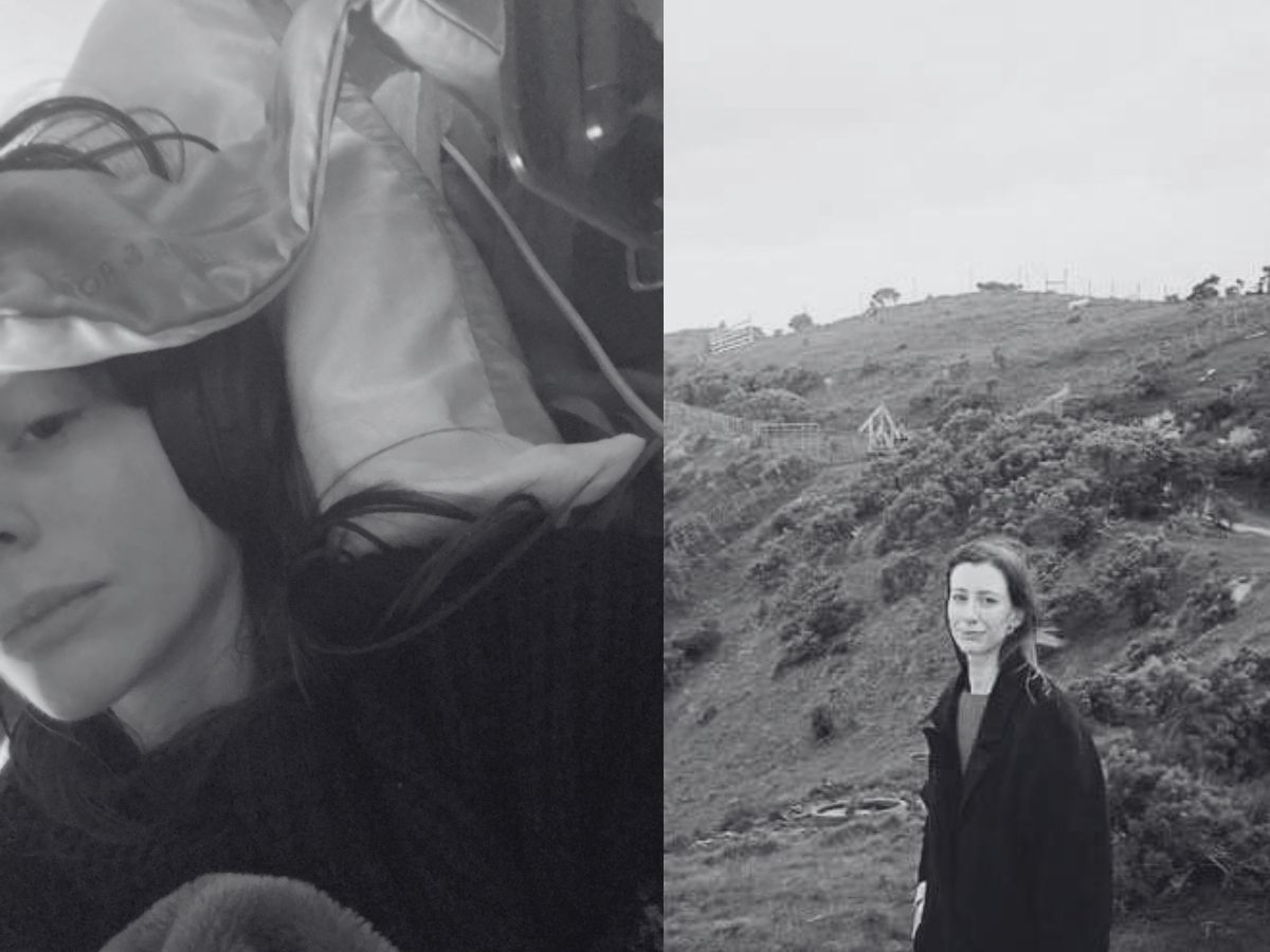 Grayscale image. Left: Rhiannon after severe ME/CFS hit, lying in bed with her ear defenders, and a hospital screen monitor beside her. Right: Rhiannon standing in a coat on a hill amidst pockets of shrubbery.